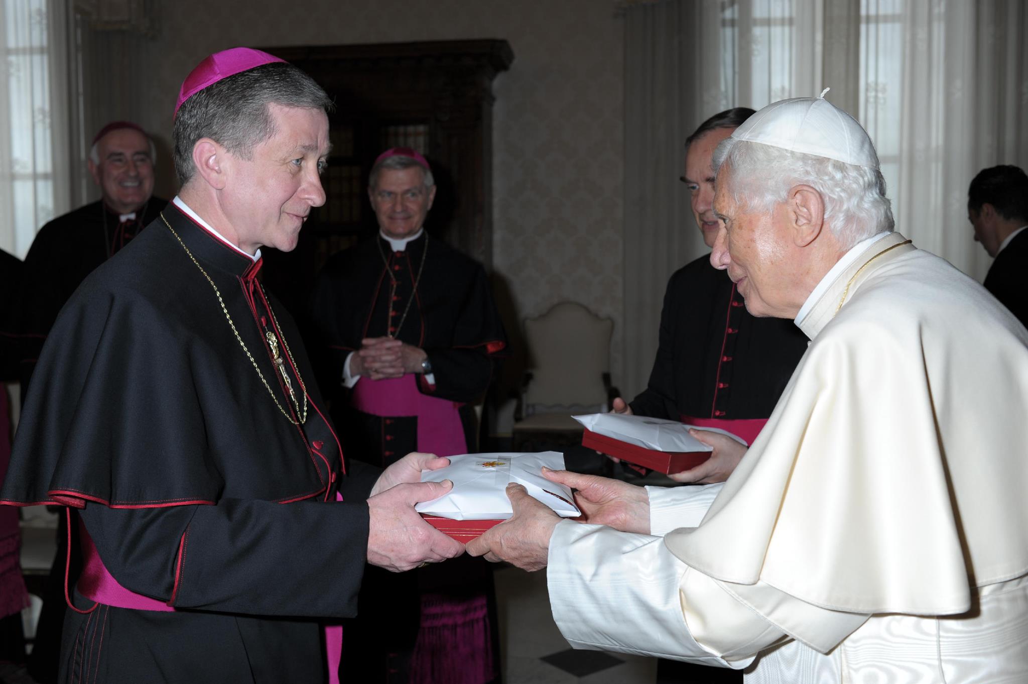 Bishop Cupich receives a gift from Pope Benedict